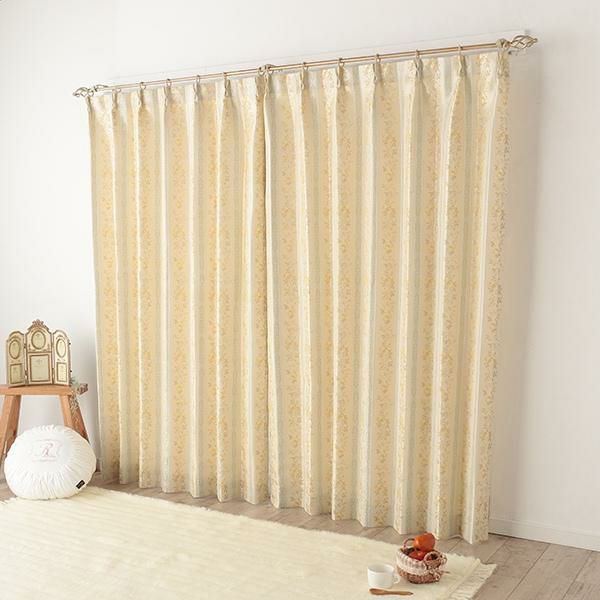 ローズストライプ柄ジャガードカーテン（イエロー・幅１００cm×丈１２０～１３８ｃｍ・２枚組） オーダーカーテン（遮光なし） 画像1
