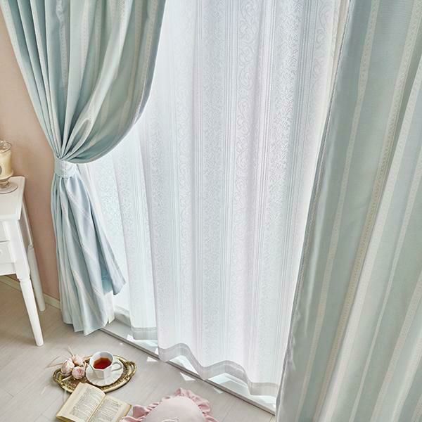 リボンテープ調ジャガードカーテン（ブルー・幅２００ｃｍ×丈２４０～２６０ｃｍ・１枚） オーダーカーテン（遮光なし） 画像2