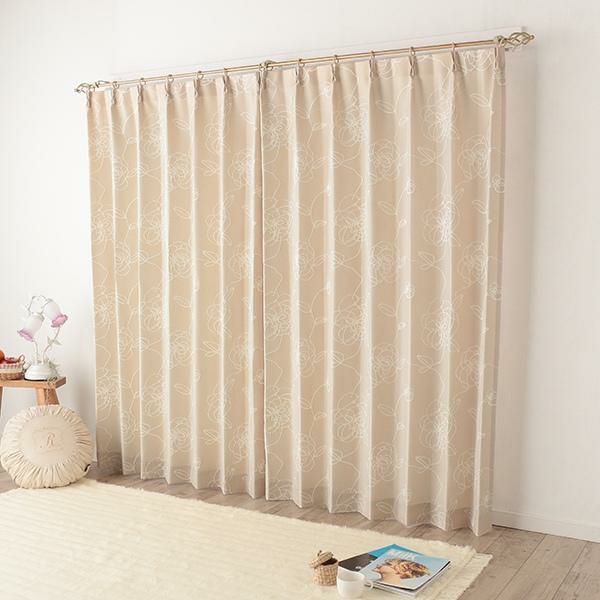 ラメ糸入り花柄ジャガードカーテン（ベージュ・幅１５０ｃｍ×丈１００～１１８ｃｍ・２枚組） オーダーカーテン（遮光なし） 画像1