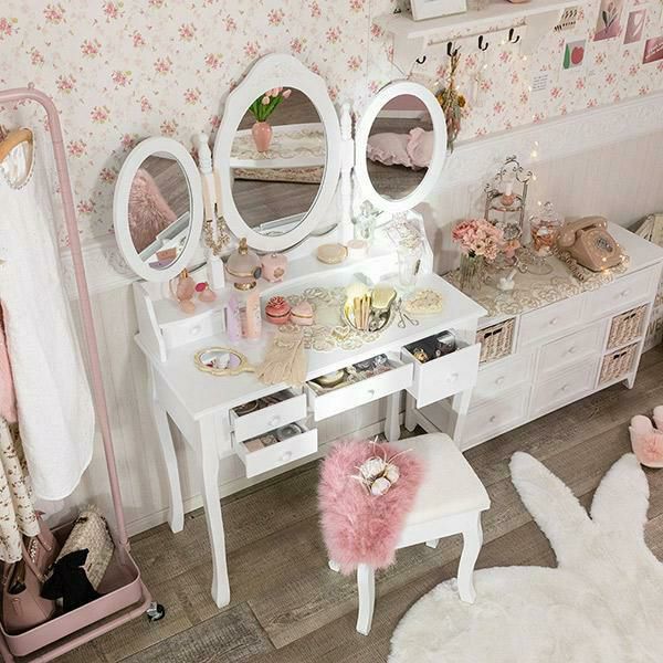 OWO様姫家具 アンティーク調 三面鏡ドレッサー 拡がら