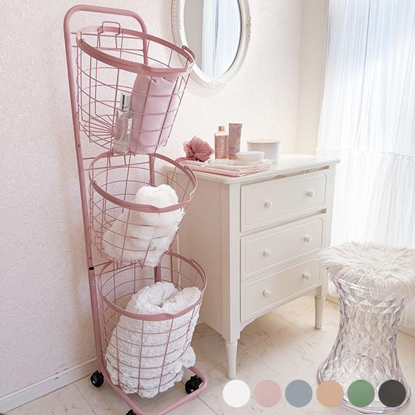 くすみダスティカラーのバスケットランドリー　ラウンド(3段) ランドリーバスケット 画像1