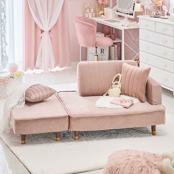 くすみダスティカラーのコンパクトカウチソファー／ベロア 2人掛けソファ― 画像1