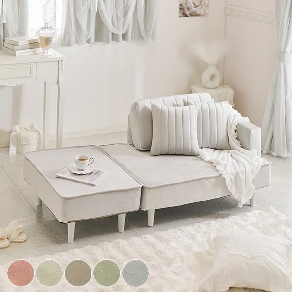 くすみダスティカラーのコンパクトカウチソファー／ベロア 2人掛けソファ― 画像1