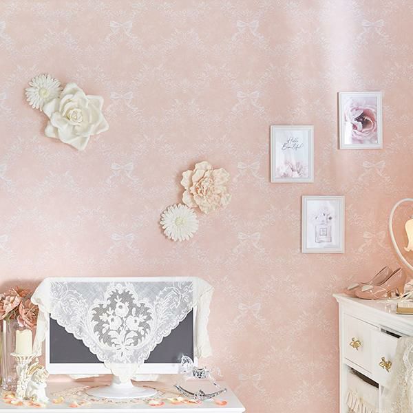 貼ってはがせる壁紙/オーナメントリボン(ピンク)｜かわいいお姫様