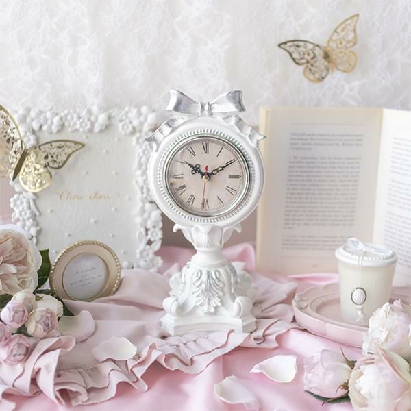 クラシカルリボン時計（シルバー）｜かわいいお姫様インテリア家具 