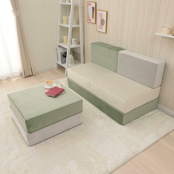 直送】くすみダスティカラーのブロックソファ(L)/ベロア｜かわいい