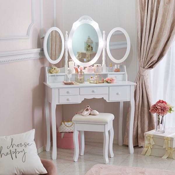 アンティークな部屋/ 折畳み式 三面鏡 （ホワイト） 逆立つ シャビー  