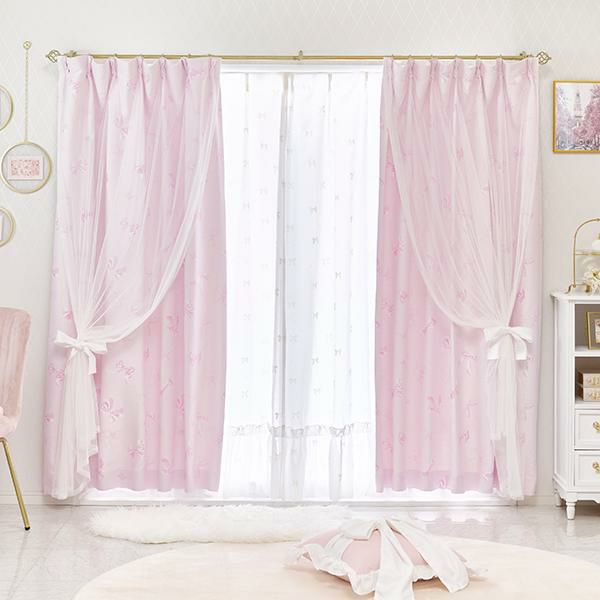 リボンフロッキーレースカーテン(幅100×丈176・2枚組)｜かわいいお姫様