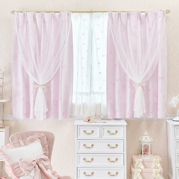 リボンフロッキーレースカーテン(幅100×丈108・2枚組)｜かわいいお姫様