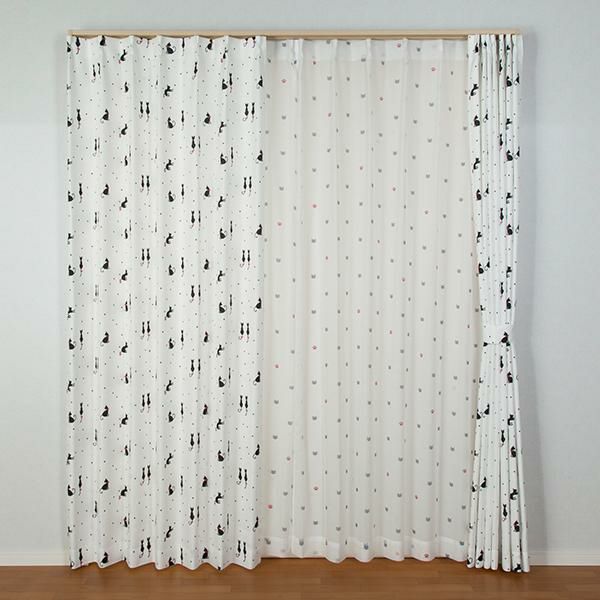 直送】黒猫カーテン/レースカーテンセット(幅100×丈135・4枚組