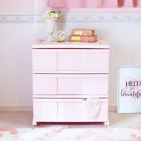 直送】ワイド収納ケース3段（ピンク）｜かわいいお姫様インテリア家具  
