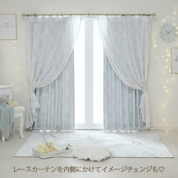 姫系　オーナメントクラシックカーテン　ゴールド4枚セット オーナメントリボン遮光カーテン/レースカーテンセット（幅100