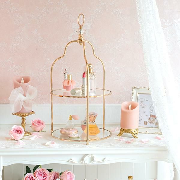 ロマプリ2段ディスプレイトレイ ローズゴールド ガラスプレート2段トレイ｜かわいいお姫様インテリア家具・雑貨の通販
