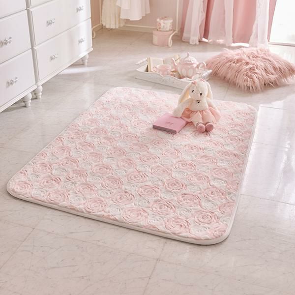 大きめ/ベージュとローズピンクの上品なバラのラグ No.699 【期間限定