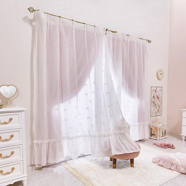 ティアラリボン2WAY遮光カーテン/レースカーテンセット(幅100×丈135・4